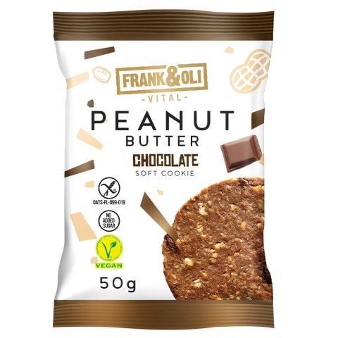 Wegańskie bezglutenowe ciastko z pastą orzechową i czekoladą Frank&Oli, 50g Wegańskie bezglutenowe ciastko z pastą orzechową i czekoladą Frank&Oli, 50g
