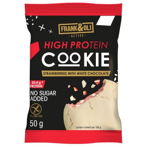 Ciastko proteinowe o smaku truskawek z białą czekoladą Frank&Oli, 50g Ciastko proteinowe o smaku truskawek z białą czekoladą Frank&Oli, 50g