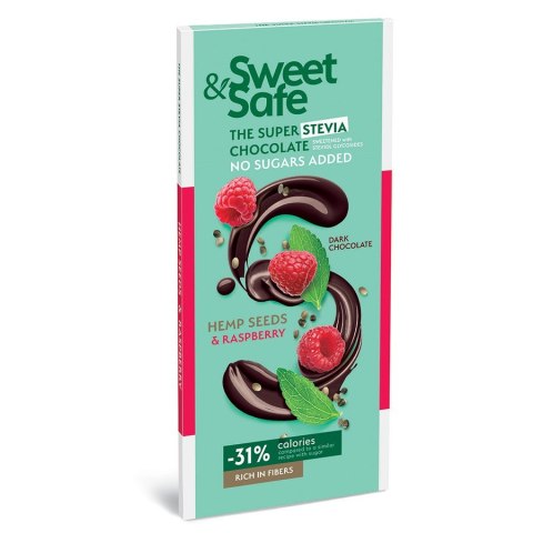 Deserowa czekolada - malina i ziarna konopi, słodzona stewią i erytrytolem Sweet&Safe, 90g Deserowa czekolada - malina i ziarna konopi, słodzona stewią i erytrytolem Sweet&Safe, 90g