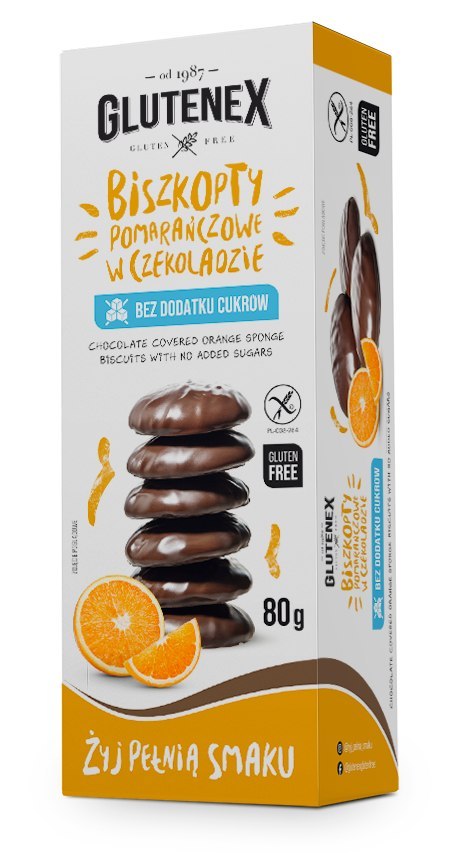 Glutenex biszkopty pomarańczowe w czekoladzie, 80g Glutenex biszkopty pomarańczowe w czekoladzie, 80g