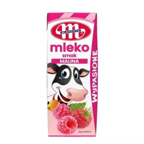 Mleko UHT Wypasione o smaku malinowym Mlekovita, 200ml Mleko UHT Wypasione o smaku malinowym Mlekovita, 200ml